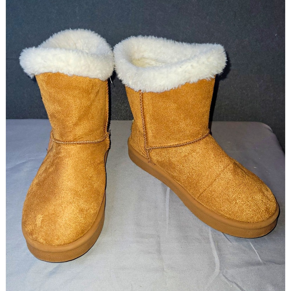 bebe Girls Ankle Bootie Boots Faux Fur Trim Lined Side Zip Brown/White 1